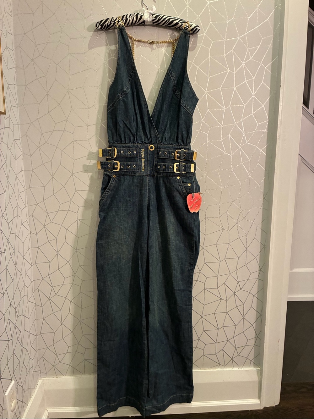 APPLE BOTTOMS BY NELLY denim Y2K jumpsuit open back gold chains wide leg NWT
